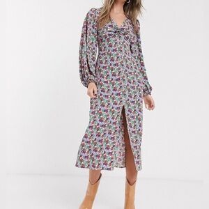 TOPSHOP floral dress midi puff sleeves multicolor